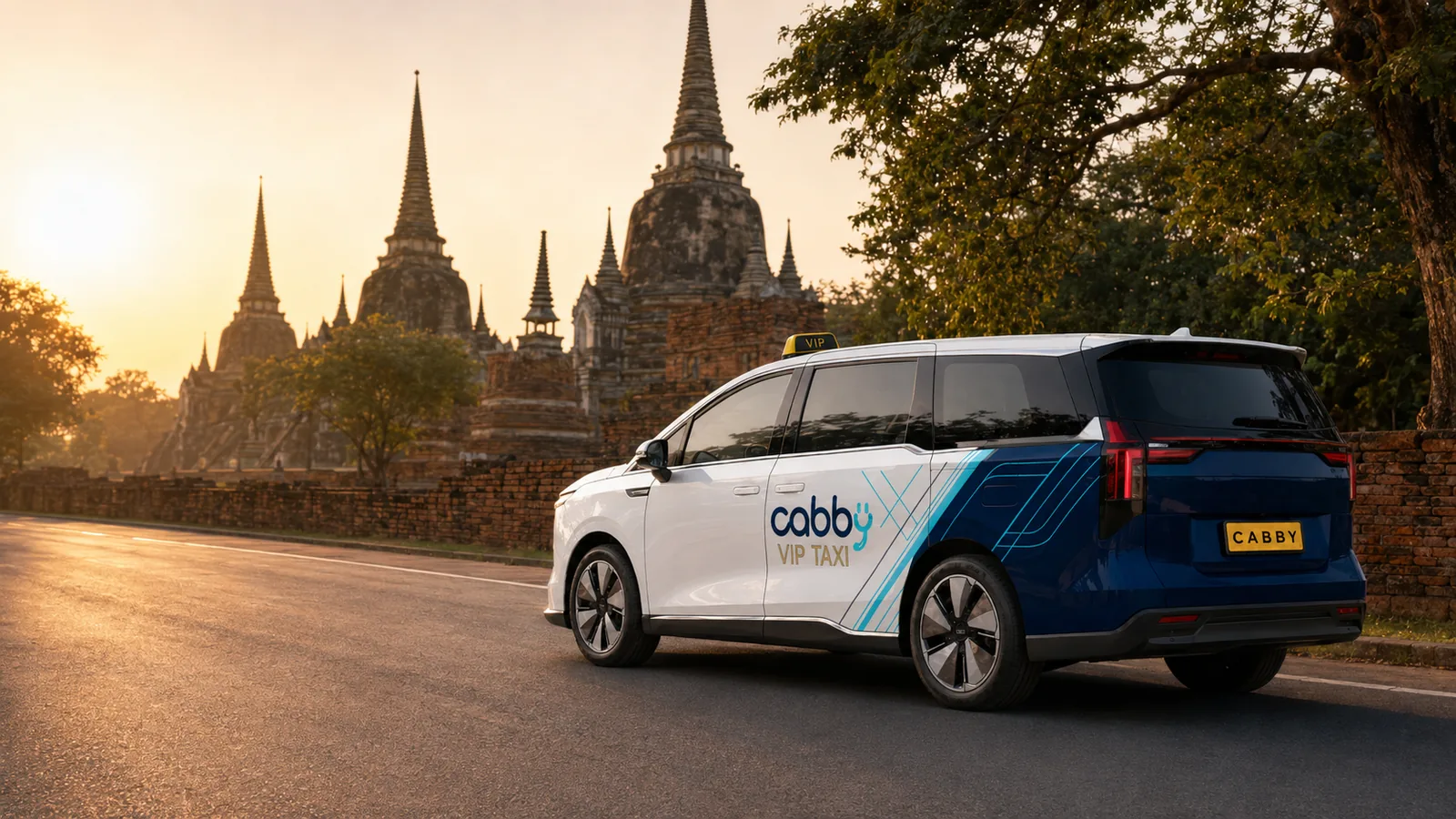 CABBY VIP Taxi near Ayutthaya's historic temples at sunset