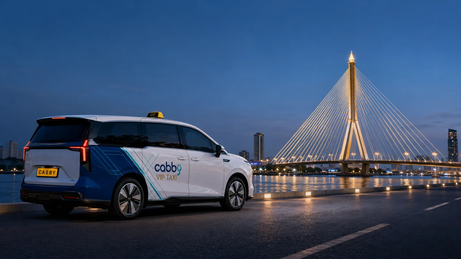 CABBY VIP Taxi by Bangkok's illuminated cable-stayed bridge