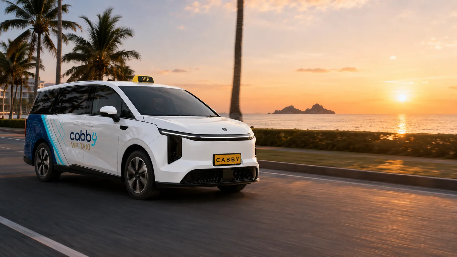 CABBY VIP Taxi driving along a tropical coast at sunset