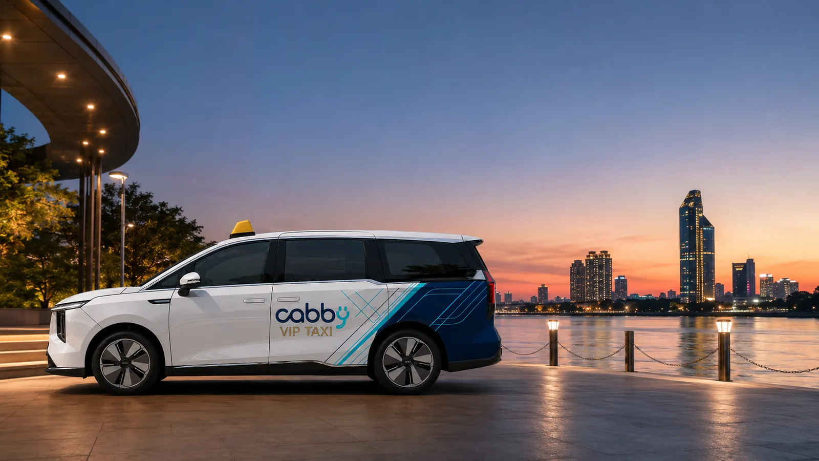 CABBY VIP Taxi beside Bangkok's riverside skyline at dusk